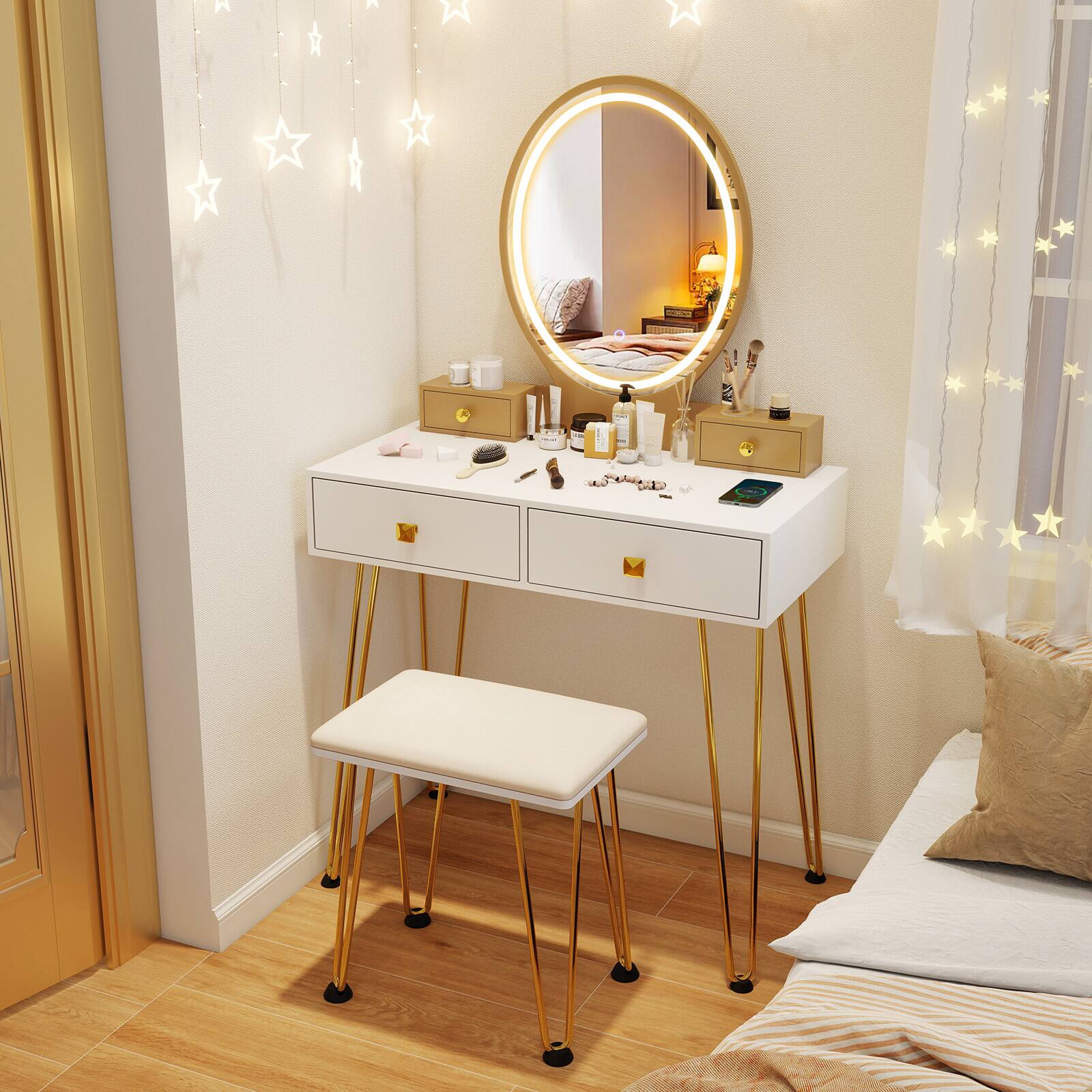Alt View 2. SlickBlue - Vanity Table Set with 3-Color Dimmable Lighted Mirror and Storage Drawers - White.