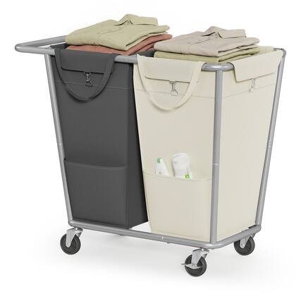 Front. Songmics Home - Laundry Basket with Wheels, 2-Section Laundry Sorter, 50.2 Gallons (190 L) Rolling Hamper with Removable Bags - Cream White and Gray.