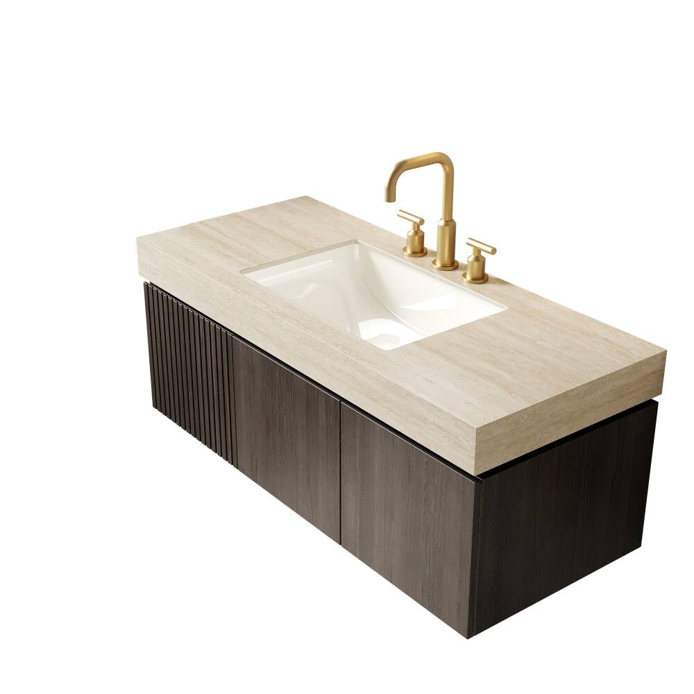 Back. JUJABU - 48" Floating Bathroom Vanity & Sink, Roma Travertine Sintered Stone Top & Ceramic Basin - Beige.