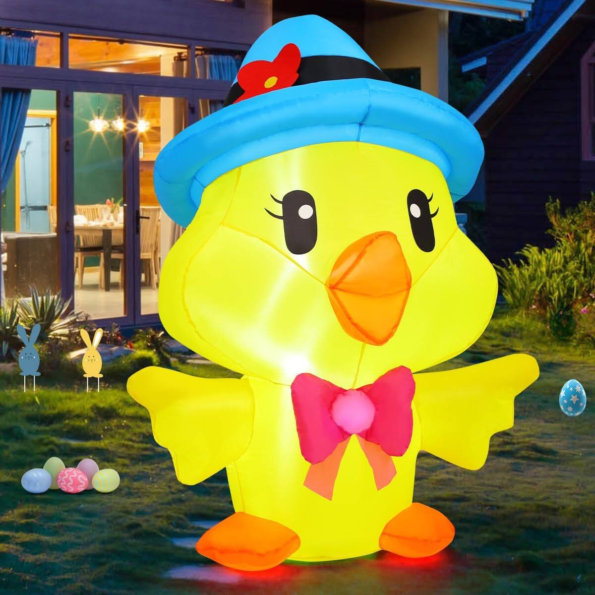 Left. GOOSH Inflatables - GOOSH 5.2 FT Easter Inflatables Chicken  with The Blue Hat with LED Lights - Yellow.