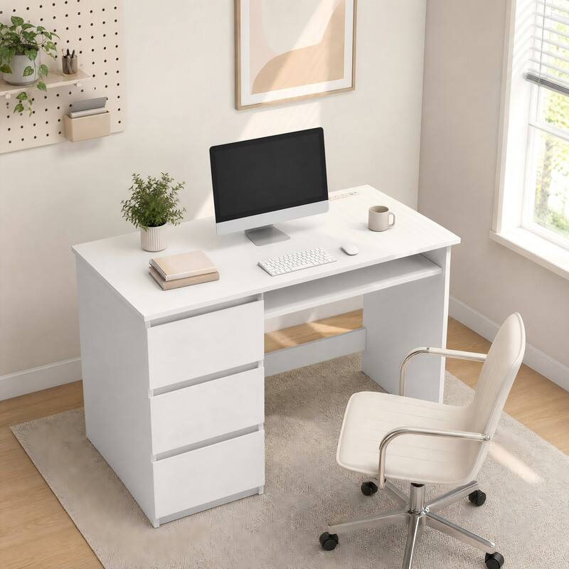 Angle. WELLFOR - 42 in Computer Desk with 3 Drawers & USB Power Outlets, Wood Home Office Desk - White.