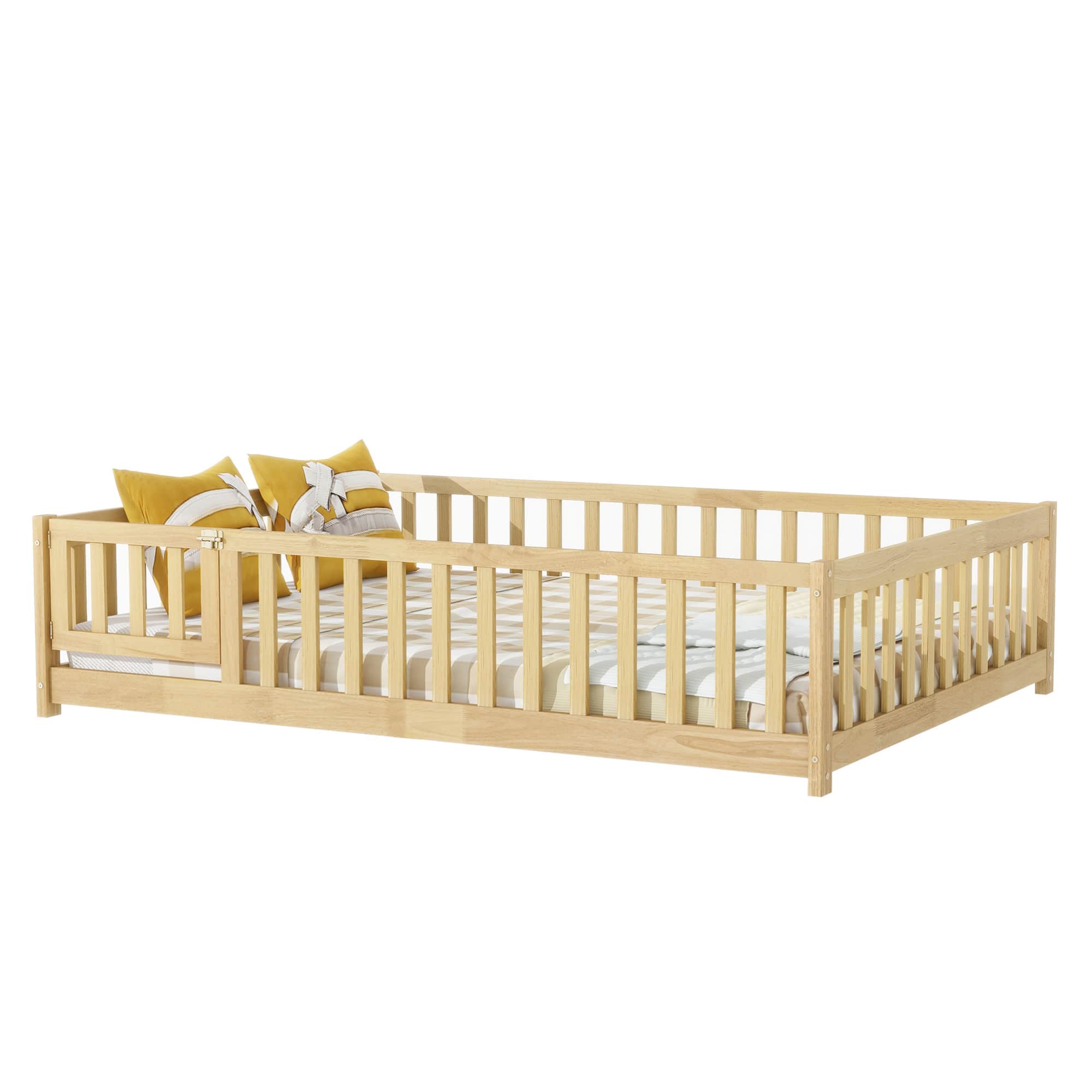 GOODSILO - Full Size Low Profile Children's Floor Bed with Safety Guardrails and Entry Door, Solid Wood Construction - Natural