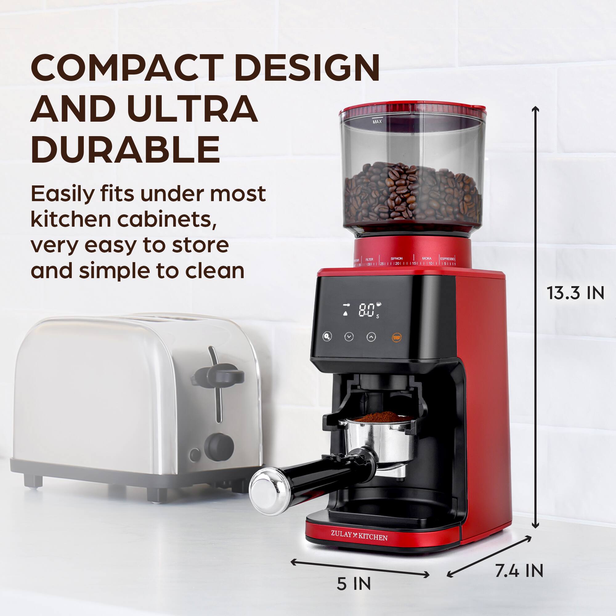 Zulay Kitchen - Conical Espresso Burr Coffee Grinder - Touchscreen, 51 Bean Grind Settings, Precision Electric Timer - Red - Thumbnail 2