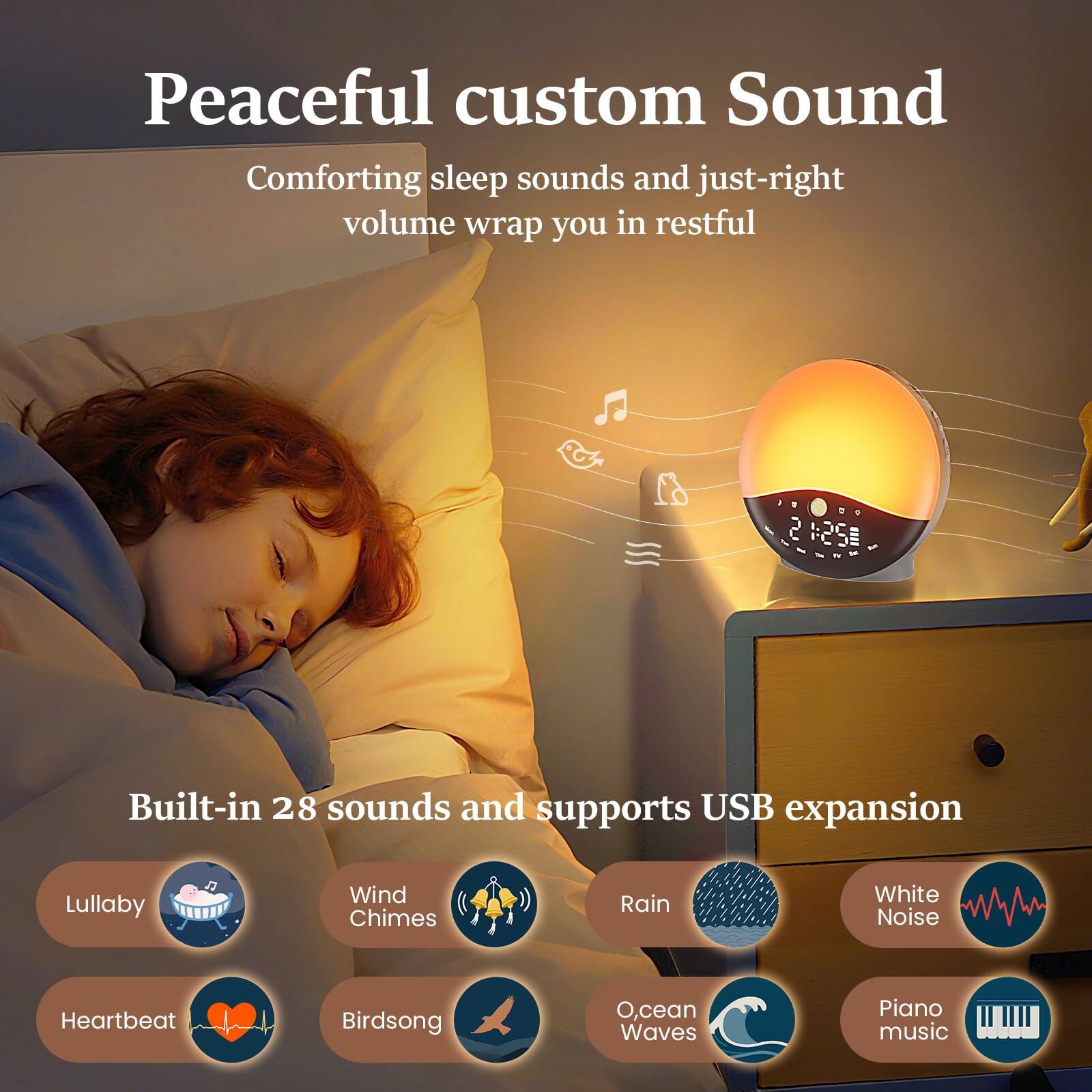 Peaceful custom Sound  
Comforting sleep sounds and just-right volume wrap you in restful  

Built-in 28 sounds and supports USB expansion  
Lullaby  
Wind Chimes  
Rain  
White Noise  
Heartbeat  
Birdsong  
Ocean Waves  
Piano music