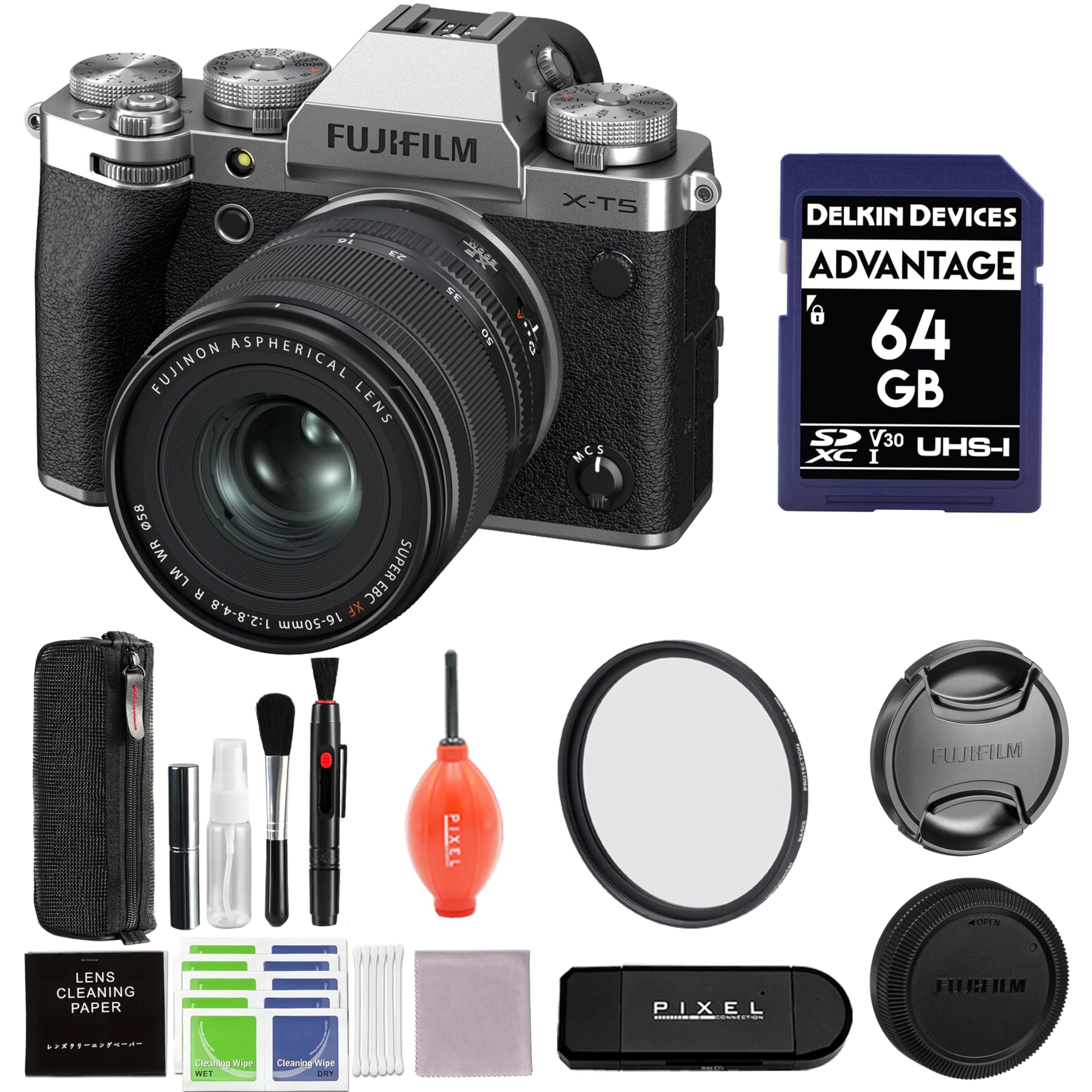 FUJIFILM X-T5 CE S0 S FUJINON ASPHERICAL LENS MCS DELKIN DEVICES ADVANTAGE 64 GB SP V30 UHS-I XC I 058 WR SUPER LM EBC 1:2.8-4.8 XF WWOS-91 FUJIFILM PIXEL OFEN LENS CLEANING PAPER PIXEL HURHEM Aroinns Wipe WEI RC Smpe ORT