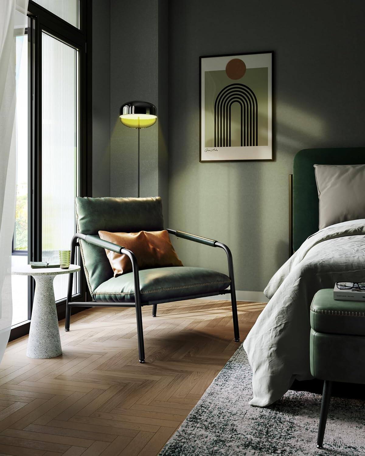 Alt View 2. Songmics Home - SONGMICS HOME Collection – Forest Green Metal-Framed Accent Armchair with Synthetic Leather and Stitching - Green.
