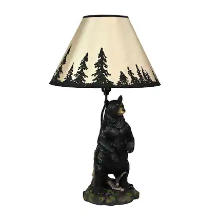 Front. Zeckos - Standing Grizzly Bear Table Resin Lamp with Silhouette Forest Shade - Brown.