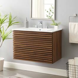 Modway - Render Wall-Mount Bathroom Vanity with White Basin Included - Walnut White