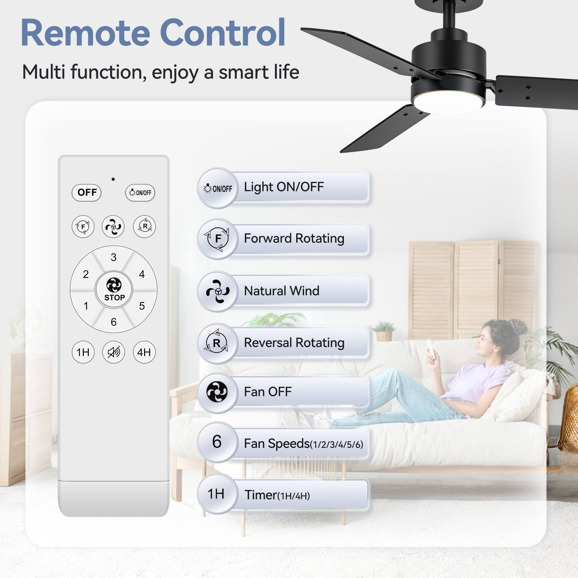 Remote Control
Multi function, enjoy a smart life
OFF
ON/OFF
Light ON/OFF
F
1
2
3
STOP
6
R
4
5
Forward Rotating
Natural Wind
1H
4H
Reversal Rotating
Fan OFF
6
Fan Speeds(1/2/3/4/5/6)
1H
Timer(1H/4H)