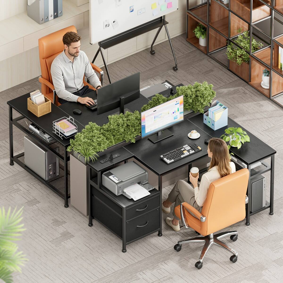 Alt View 7. Furnulem - L Shaped Computer Desk with Power Outlet and USB Ports 2 Fabric Drawers Storage Shelves Home Office Corner Gaming Desk - Black.