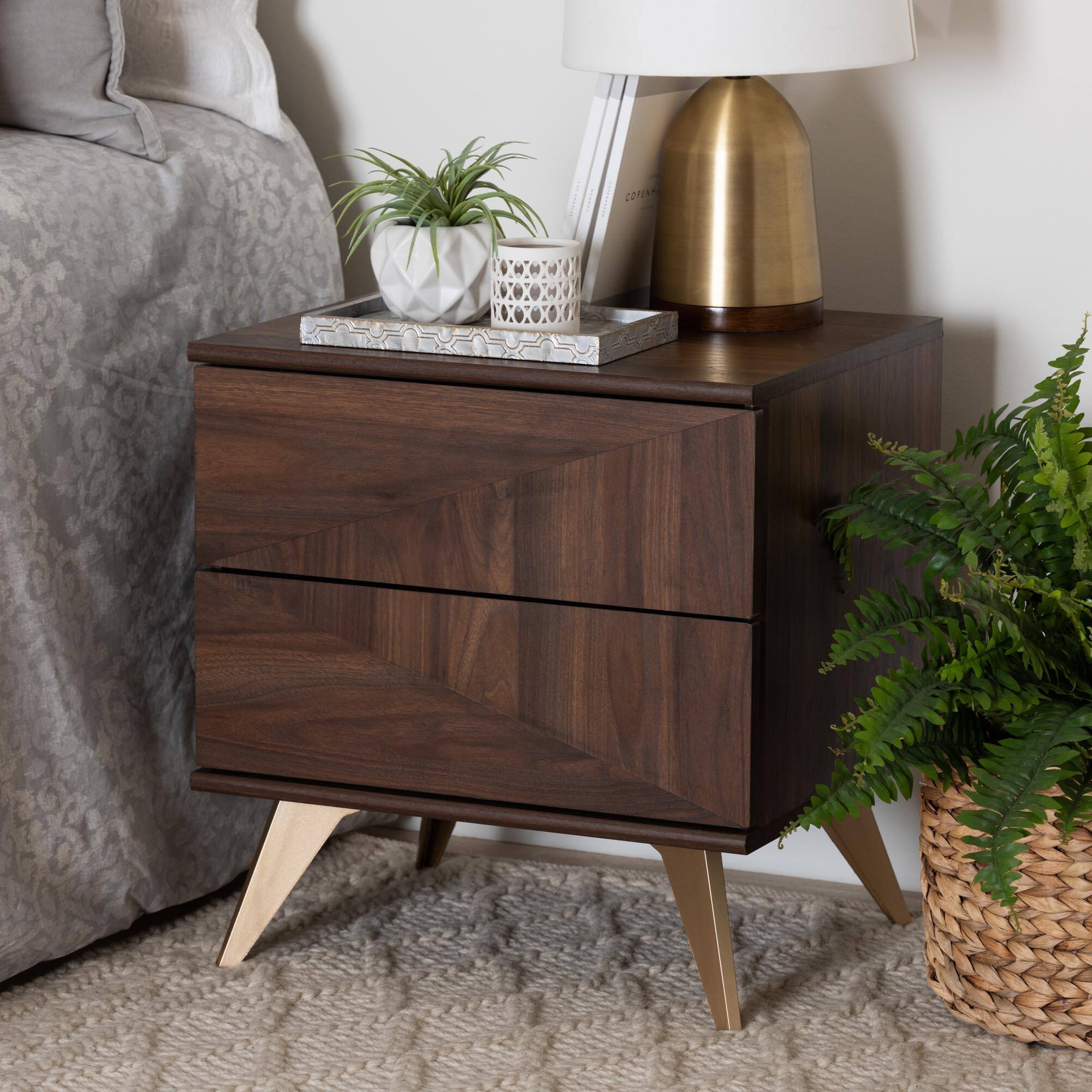 Alt View 4. Baxton Studio - Graceland Mid-Century Modern Transitional Finished Wood 2-Drawer Nightstand - Walnut Brown/Gold.
