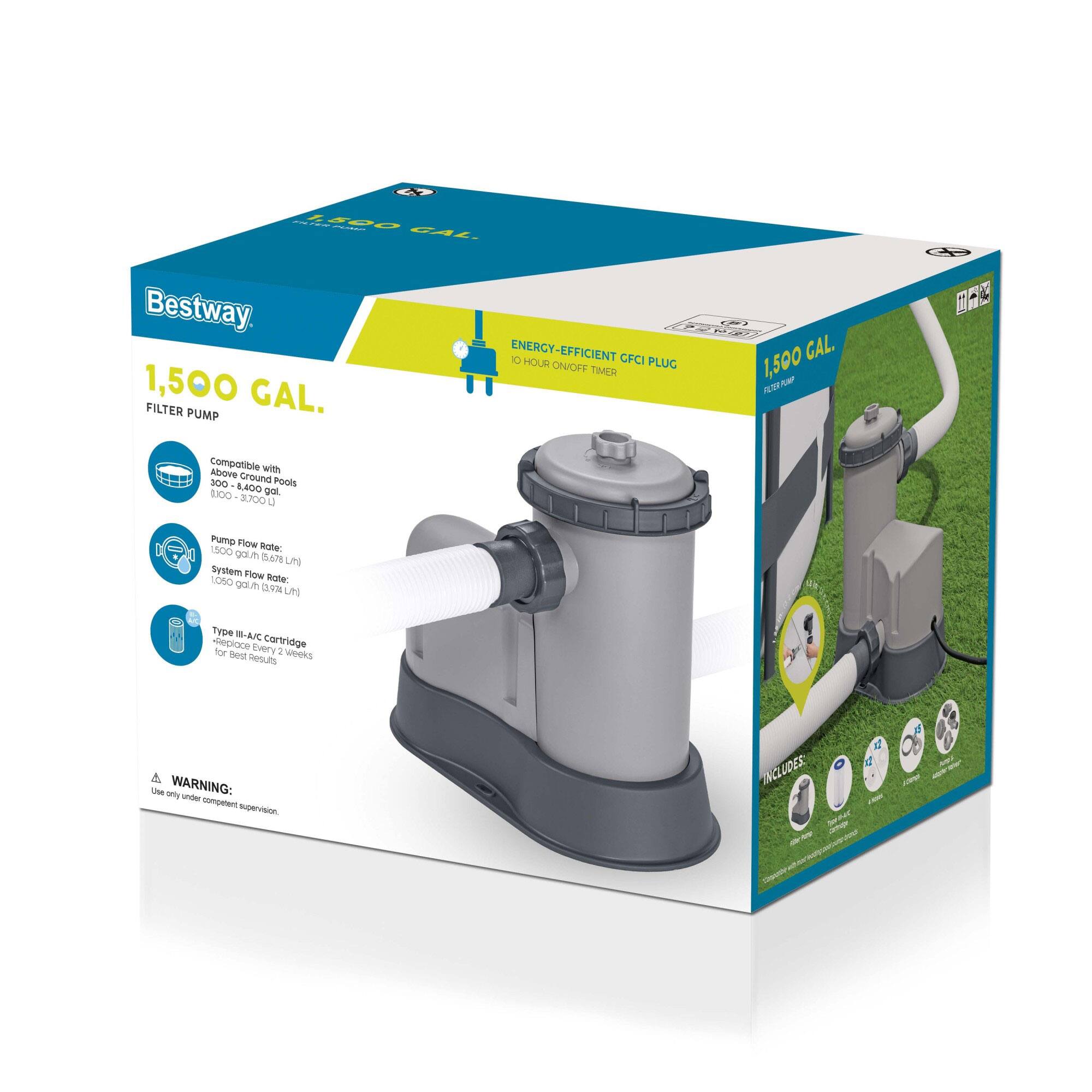 2520 Bestway 1,500 GAL. FILTER PUMP ENERGY EFFICIENT GFCI PLUG 10 HOUR ON/OFF TIMER COMPATIBLE WITH ABOVE GROUND POOLS 100-8400 GALLONS 1,500 GAL. 2.700 WATT WATER GAUGE DATE UN SYSTEM NOW 1500 WATER GAUGE WARNING: Use only under competent supervision. INCLUDES: 1 x Filter Pump 1 x 10 Hour Timer 1 x Type A-A/C Cartridge 1 x 2 Weeks for Best Results