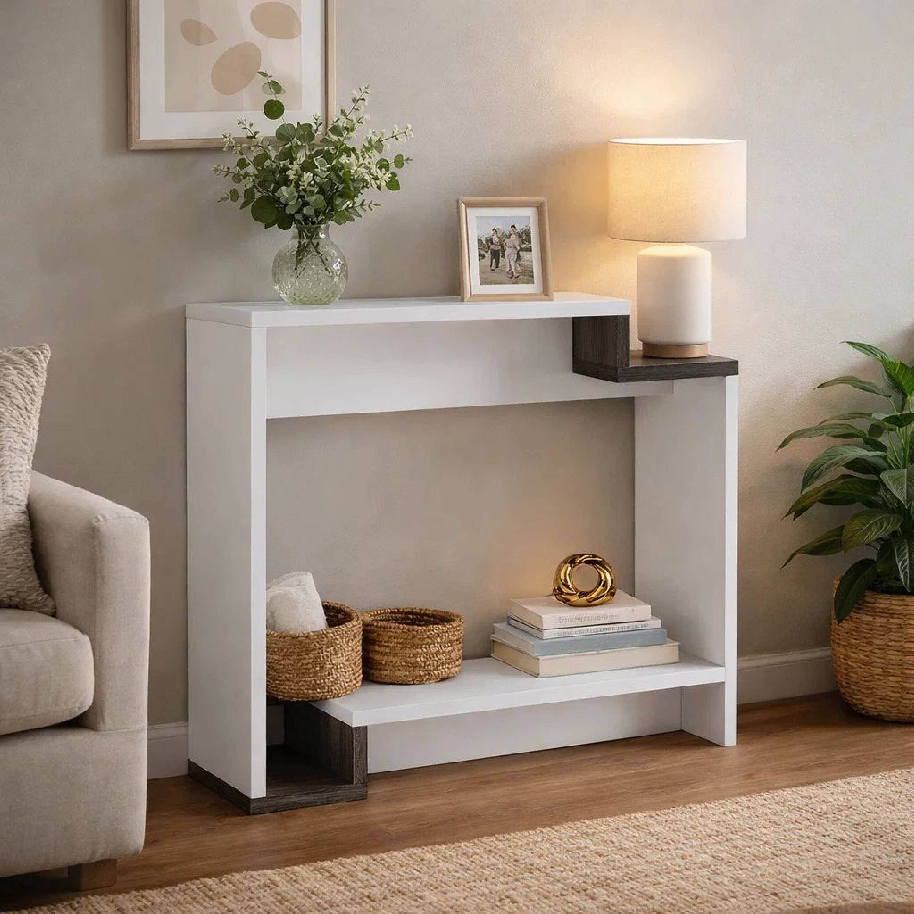 Alt View 4. Manhattan Lane - 36 Inch Modern Console Table, Multilevel Wood Shelves - White, Gray.