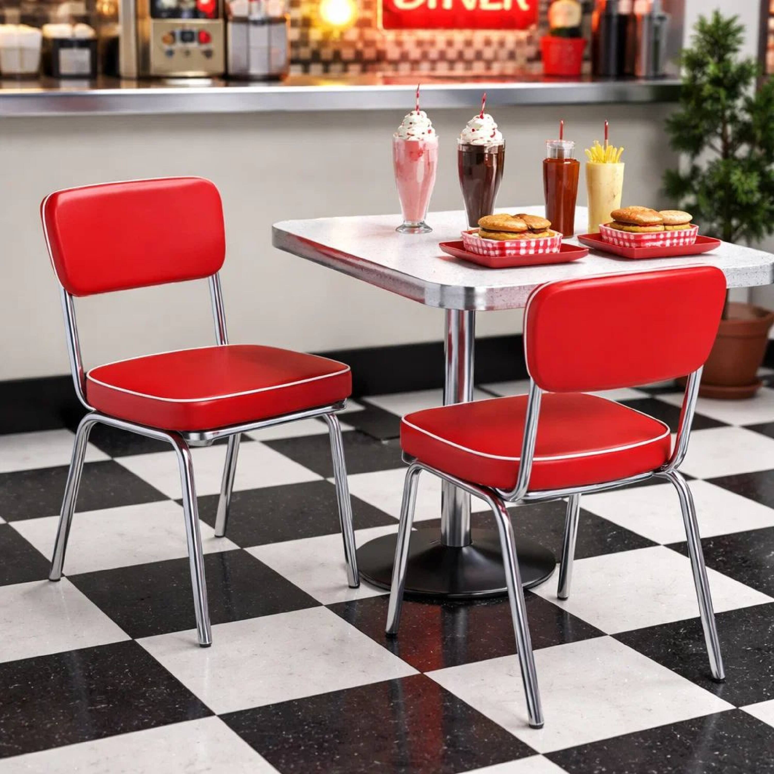 Alt View 5. Manhattan Lane - Dining Side Chair Set of 2, Retro Red Faux Leather, Chrome Metal Legs - Red, Chrome, White.