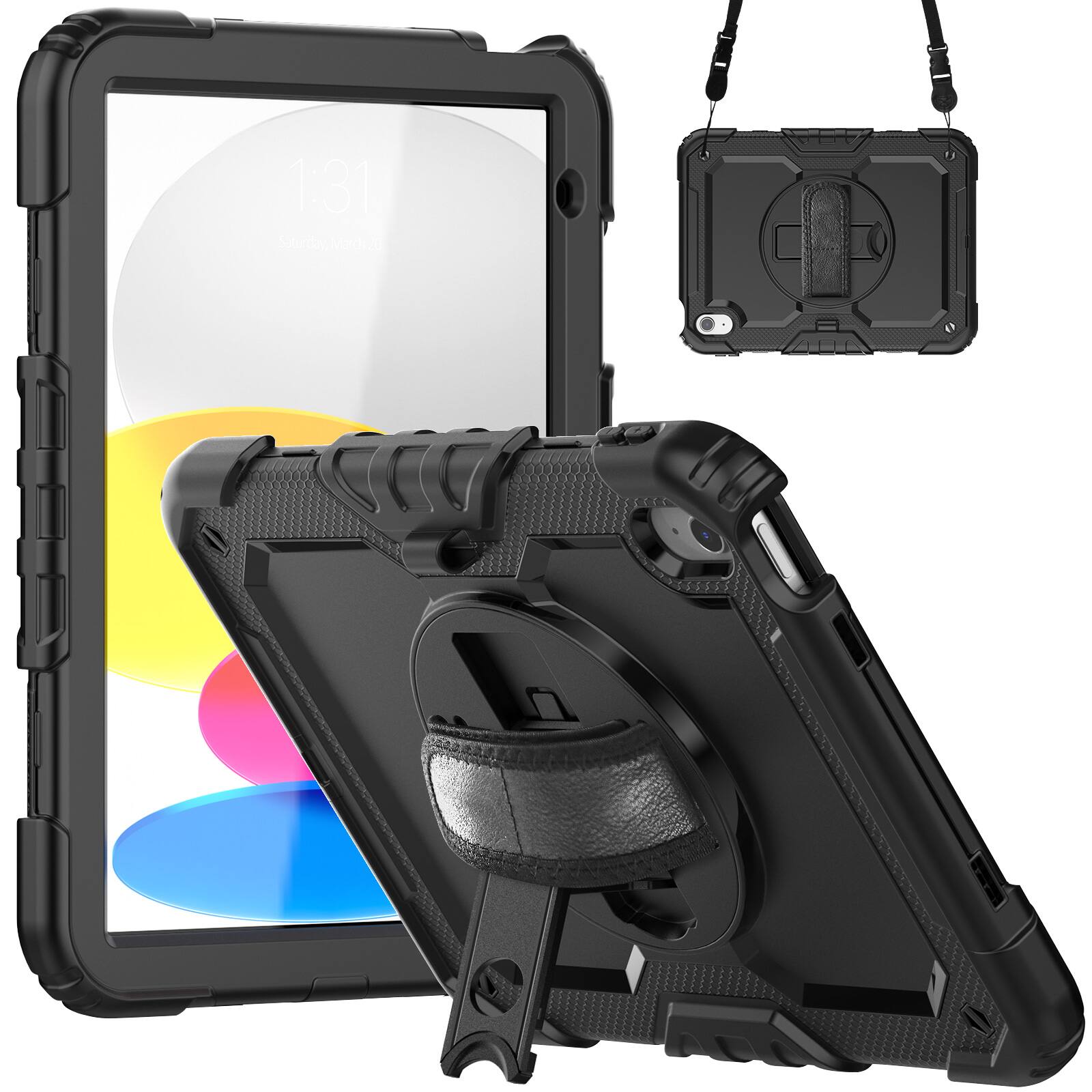 Angle. Dteck - For Apple iPad 11"(A16 chip 2025)&iPad 10th 2022 Three-Layer Kickstand Shoulder Strap Case Built-in Screen Protector - Black.