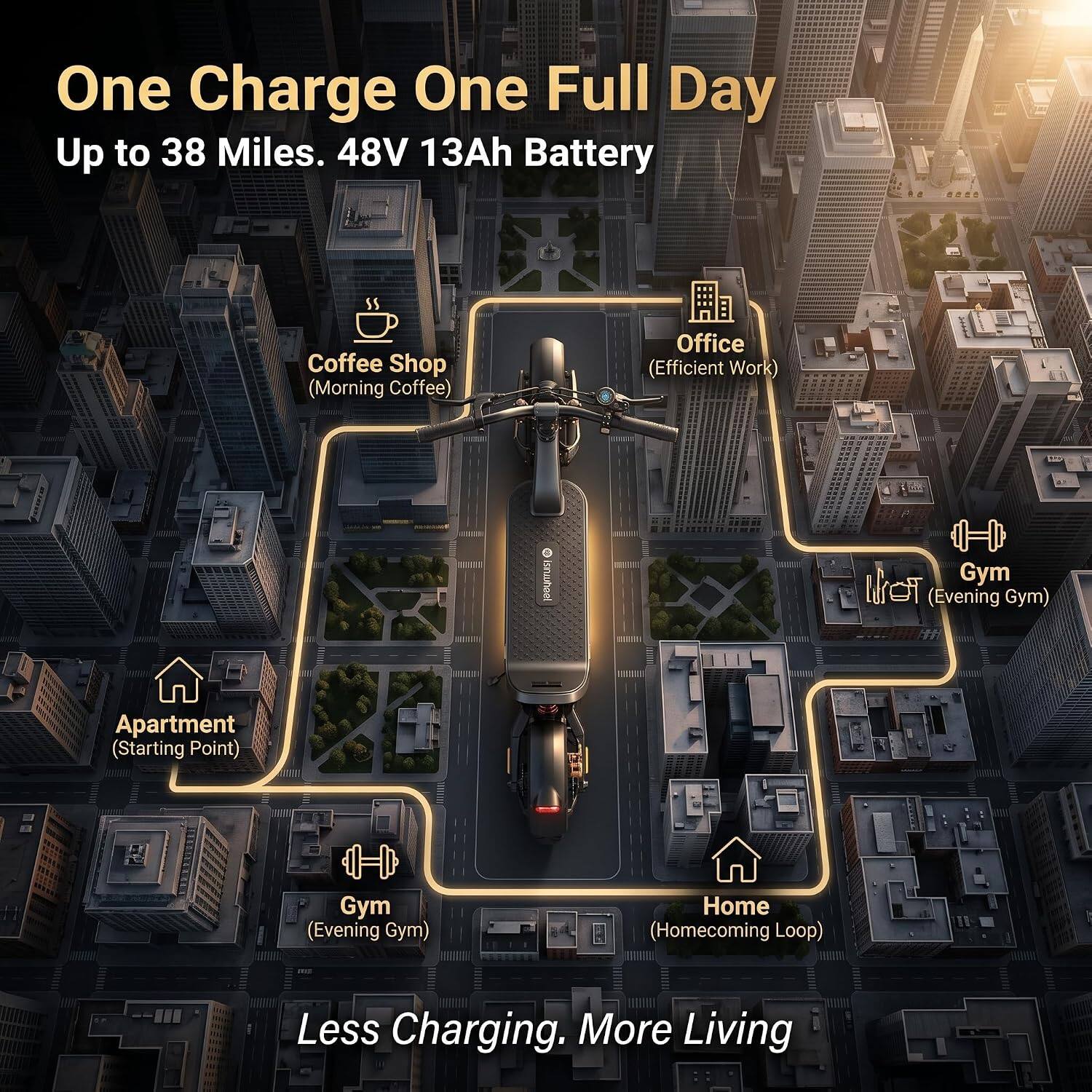 One Charge One Full Day  
Up to 38 Miles. 48V 13Ah Battery

Coffee Shop (Morning Coffee)  
Office (Efficient Work)  
Gym (Evening Gym)  
Apartment (Starting Point)  
Gym (Evening Gym)  
Home (Homecoming Loop)  

Less Charging. More Living