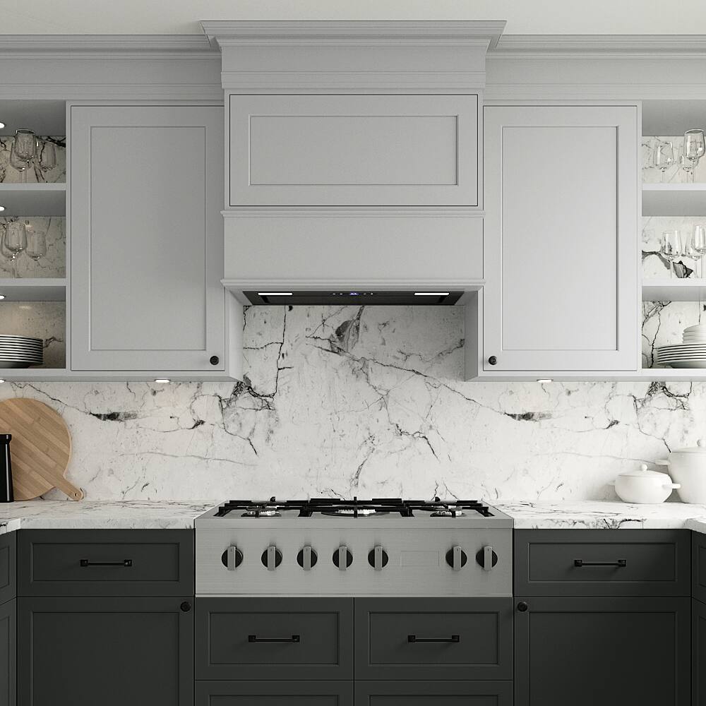 Left. Streamline - 28 in. Lemina Ductless Insert 350 CFM Range Hood, Mesh Filters, Touchpad Control, LED Lights - Glossy Black.