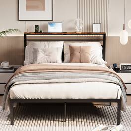 LUCKY ONE - Queen Size Bed Frame with Upholstered Headboard and Charging Station - Black