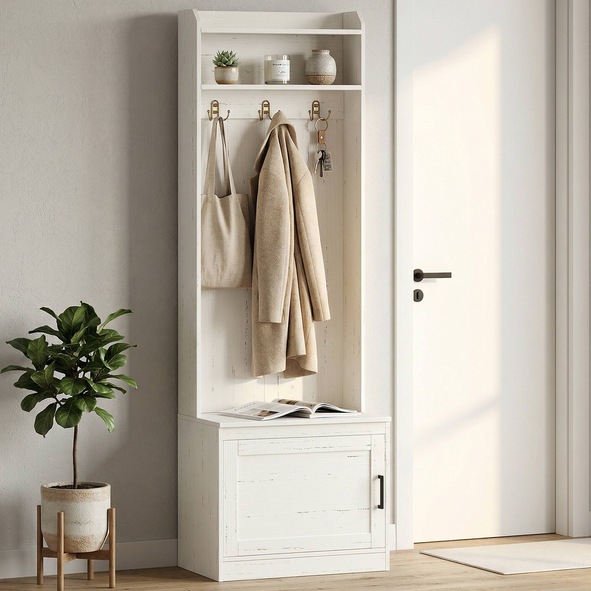 Alt View 8. Homcom - Rustic Hall Tree with Shoe Storage Bench and Coat Rack - White.