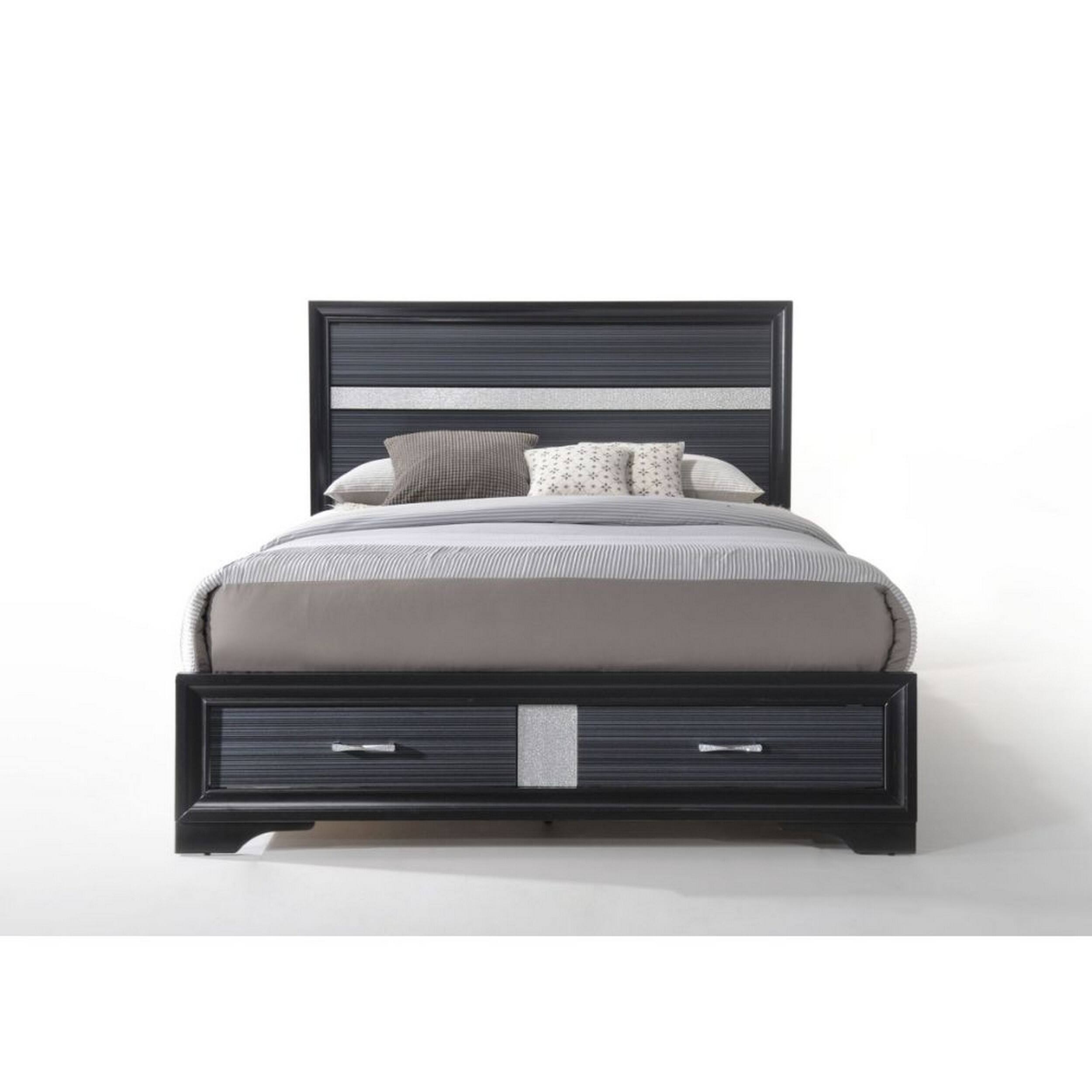 Alt View 1. Manhattan Lane - Nae Queen Size Bed, Rubberwood, Gray, Textured, Shimmery Acrylic Trim - Black, Gray, Silver.