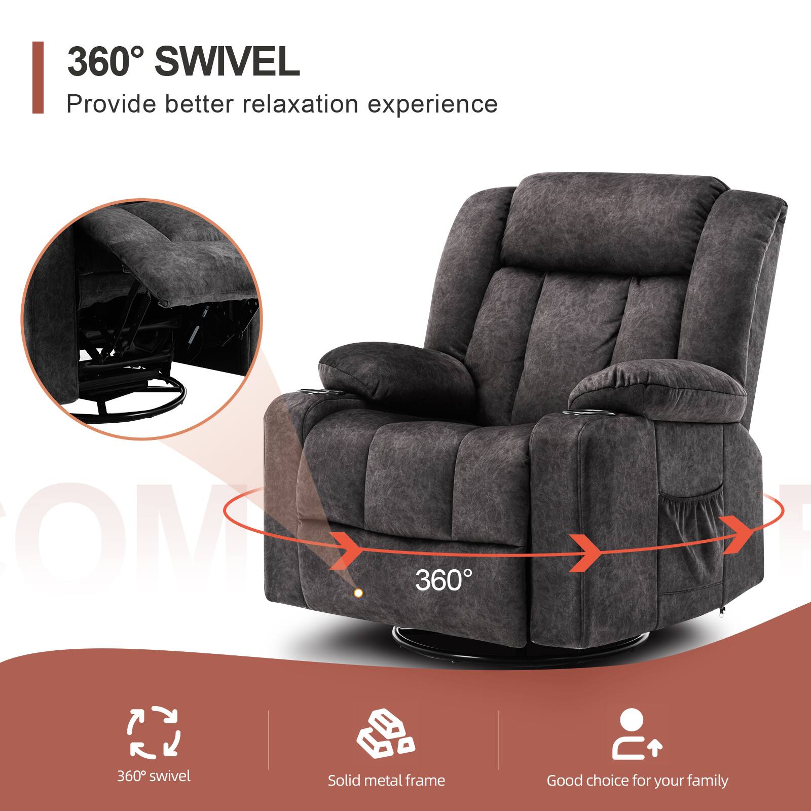 360° SWIVEL, Provide better relaxation experience, 360° swivel, Solid metal frame, Good choice for your family