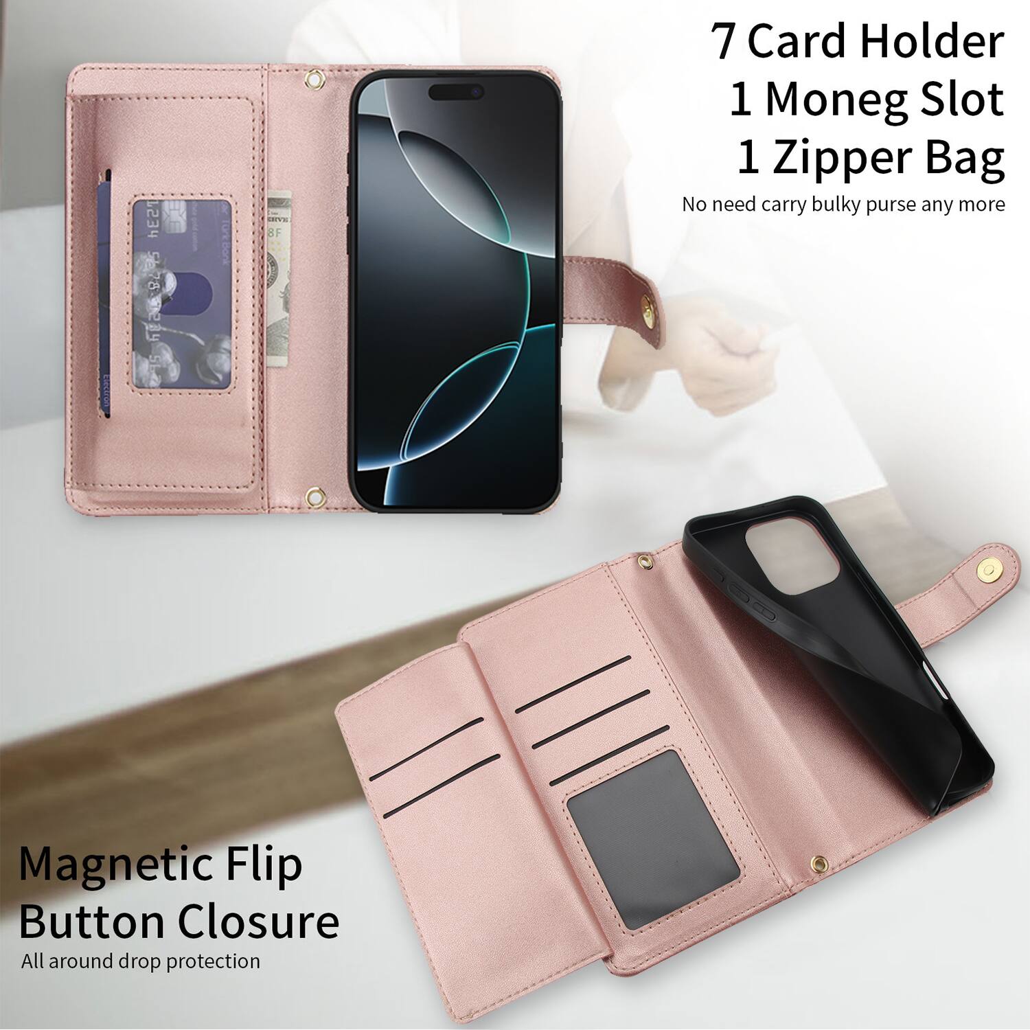 PESI 5782ay DTE  
7 Card Holder  
1 Money Slot  
1 Zipper Bag  
No need carry bulky purse any more  
Magnetic Flip Button Closure  
All around drop protection