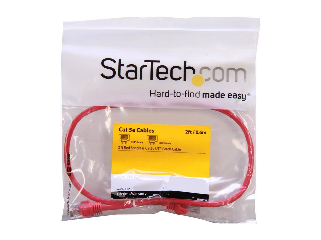 StarTech.com  
Hard-to-find made easy  

Cat 5e Cables  
2 ft / 0.6m  
RJ45 Male to RJ45 Male  
2 ft Red Snagless Cat5e UTP Patch Cable  

www.startech.com/support  
4SPATCH2RD  
MADE IN CHINA  
Lifetime/Warranty