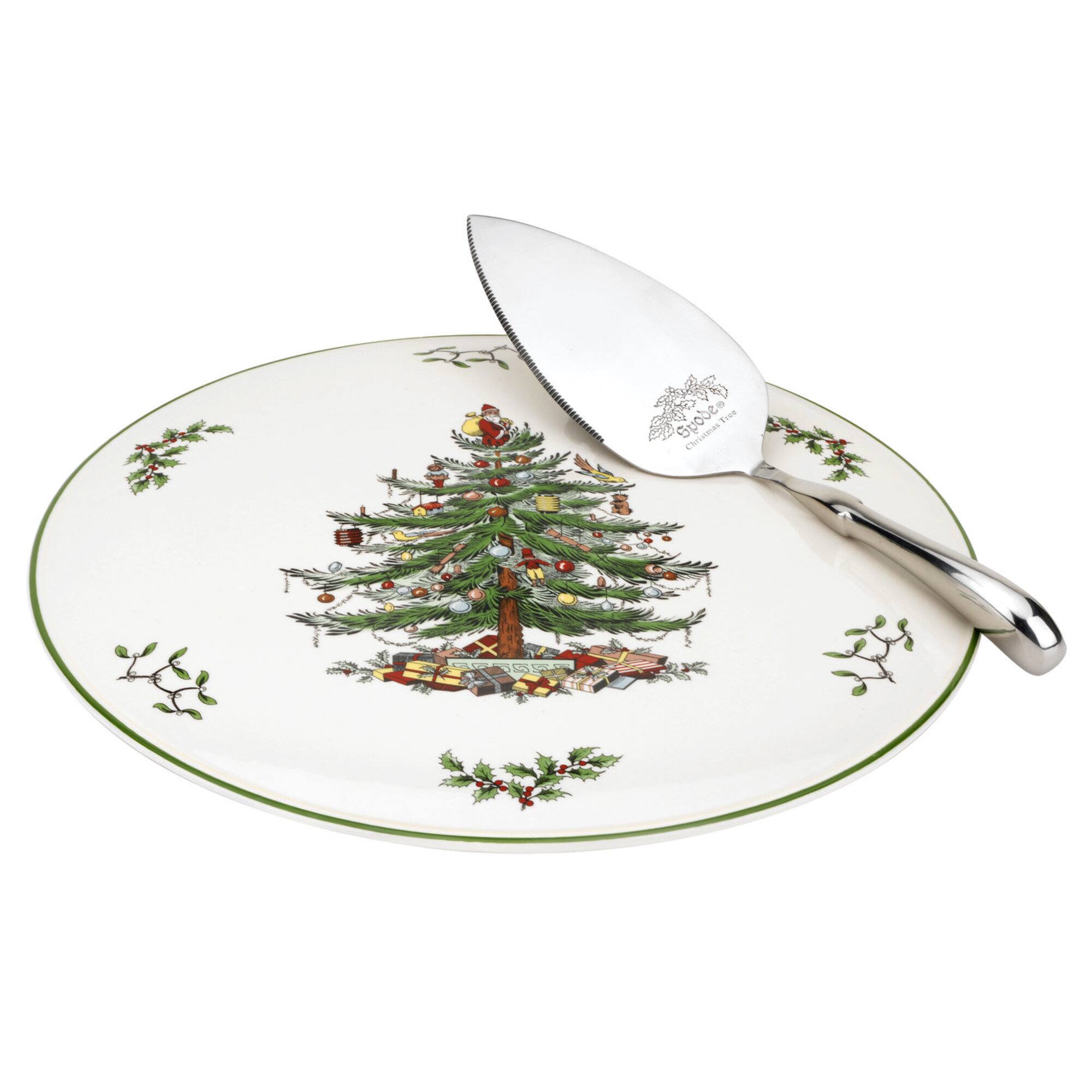 Spode - 11.5" Cake Plate & Server Set Christmas Tree Porcelain Seasonal Dinnerware - Multicolored