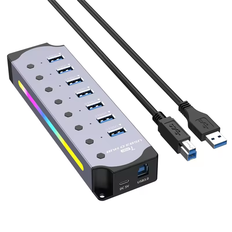 Cluzine - RGB USB 3.0 Hub 7-Port Splitter USB Expander for PC