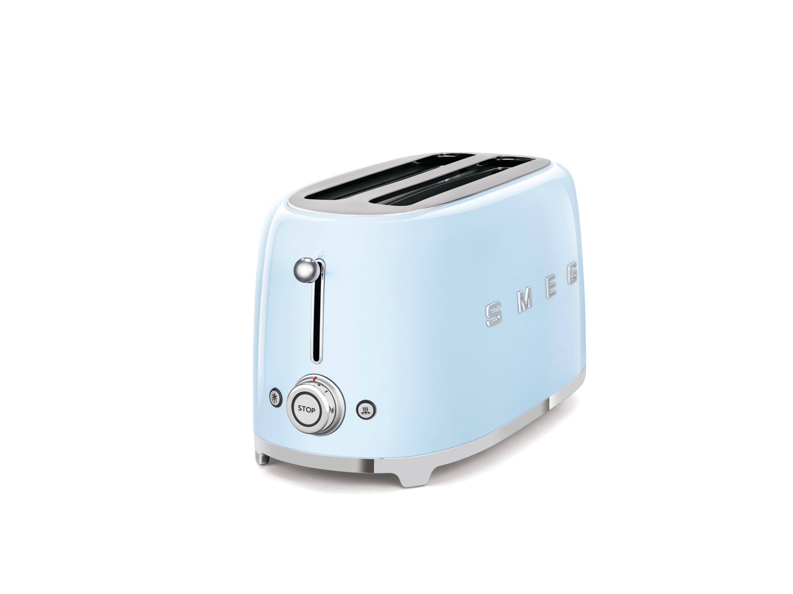 Angle. SMEG - SMEG TSF02 4-Slice Long Wide-Slot Toaster - Pastel Blue.