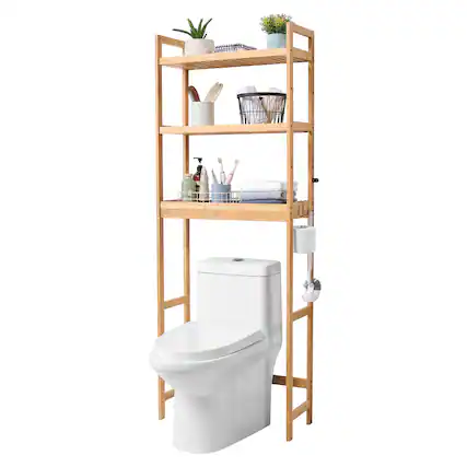 Front. VEVOR - Over the Toilet Storage, 3-Tier Adjustable Over Toilet Bathroom Organizer, Bamboo Storage Shelf Rack with 3 Hooks - Bamboo.