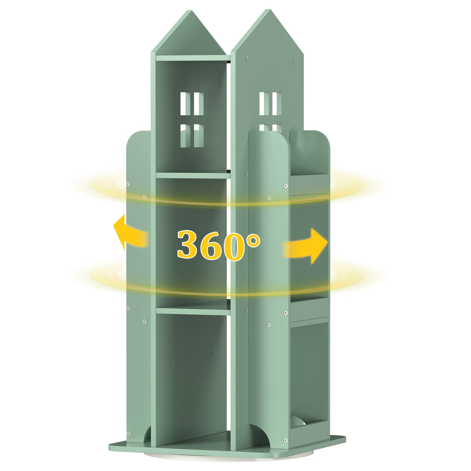 Angle. Oumilen - 360° Rotating Wood House-Shaped Bookshelf, Green - Green.