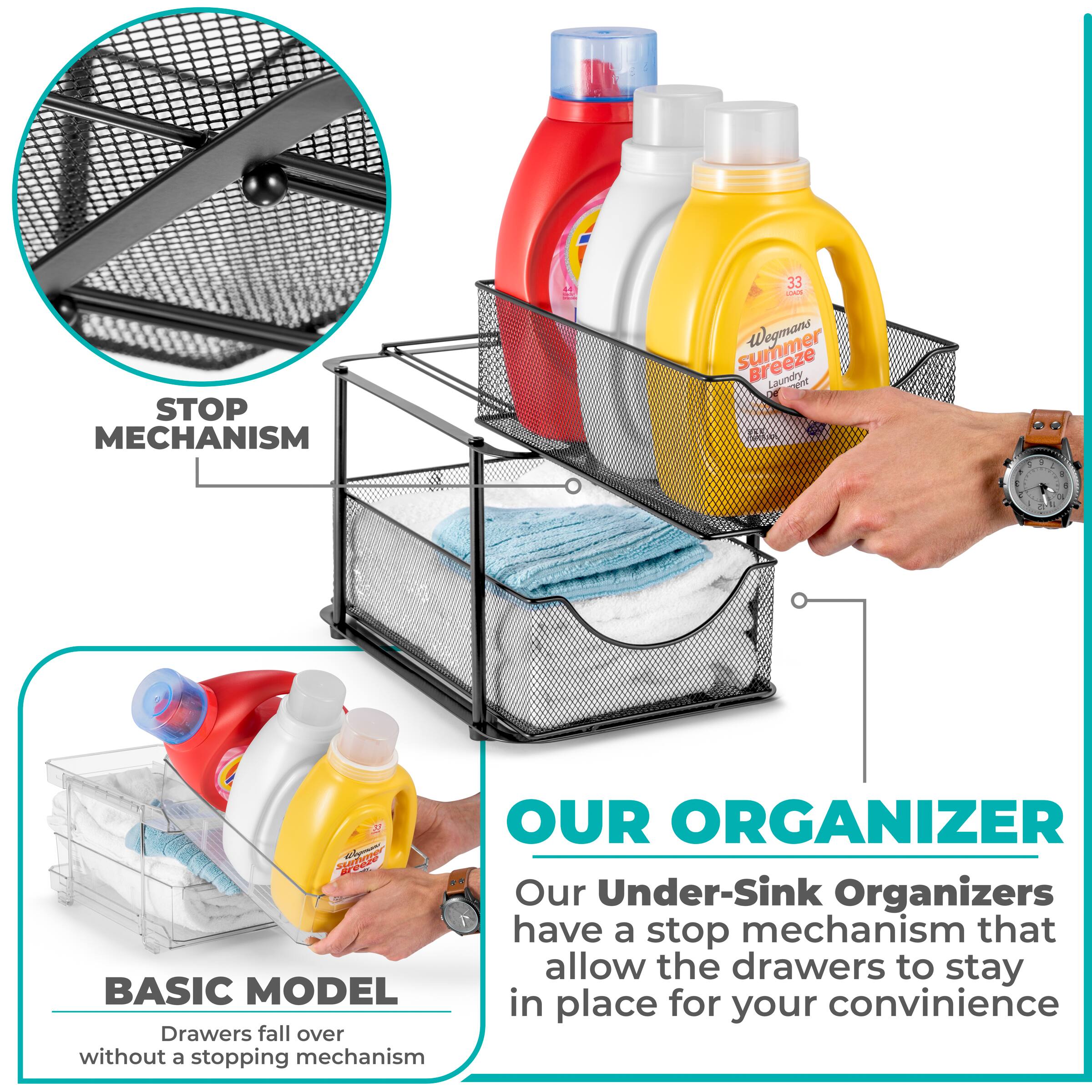 STOP MECHANISM

OUR ORGANIZER

Our Under-Sink Organizers have a stop mechanism that allow the drawers to stay in place for your convenience

BASIC MODEL

Drawers fall over without a stopping mechanism