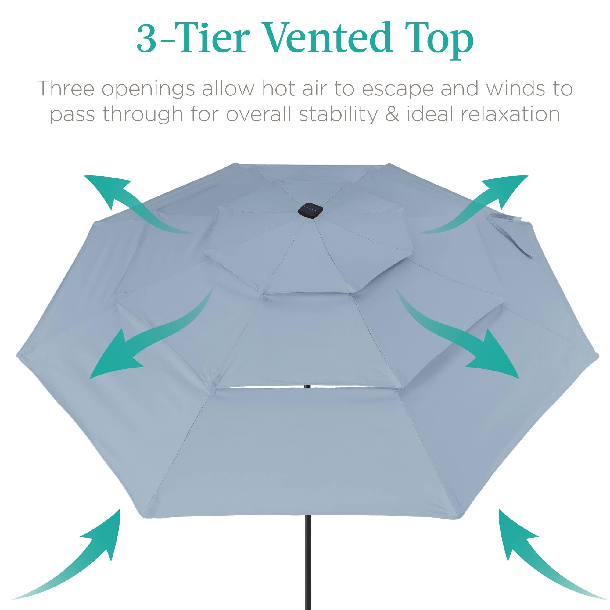 3-Tier Vented Top

Three openings allow hot air to escape and winds to pass through for overall stability & ideal relaxation.