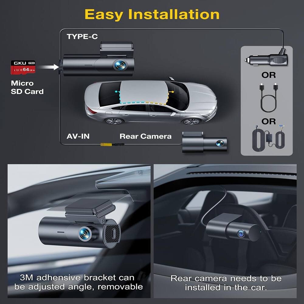 Easy Installation

- TYPE-C
- Micro SD Card
- AV-IN
- Rear Camera

3M adhesive bracket can be adjusted angle, removable

Rear camera needs to be installed in the car.