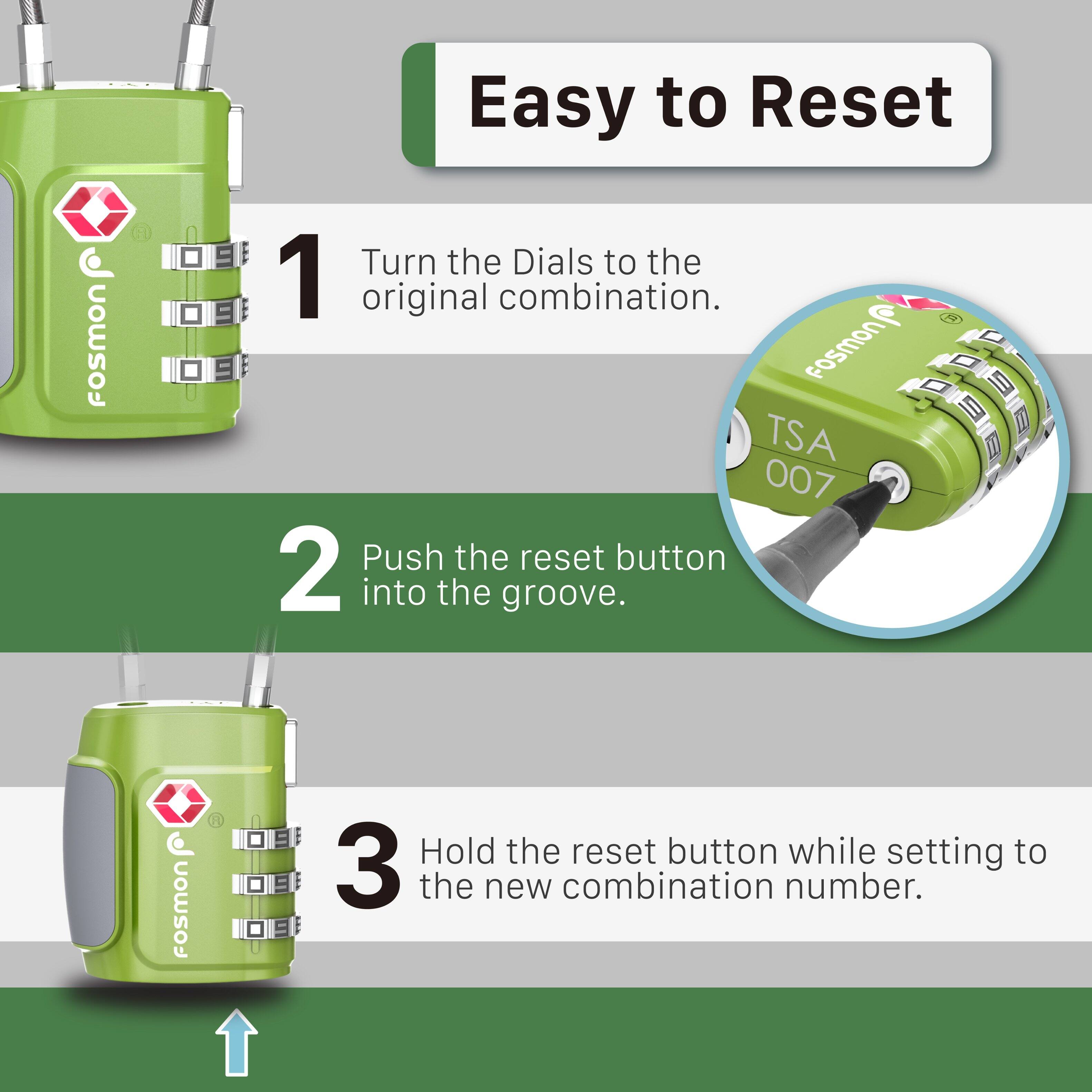 Easy to Reset

1. Turn the Dials to the original combination.
2. Push the reset button into the groove.
3. Hold the reset button while setting to the new combination number.