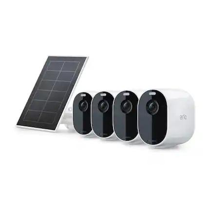 Front. NETGEAR - Arlo Essential Spotlight 4 Camera Security System with Solar Power Panel (White).