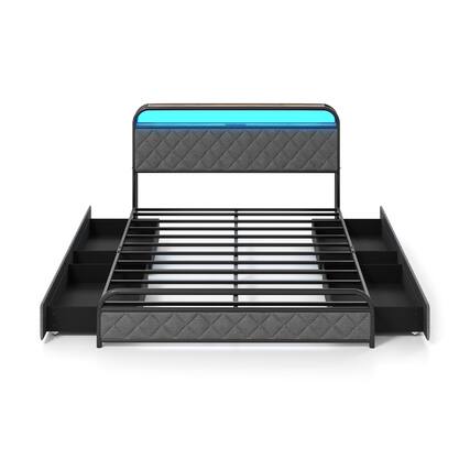 Front. LUCKY ONE - Queen Assembled Platform Bed Frame with LED Lights Charging Station Storage Headboard - Black-Queen.