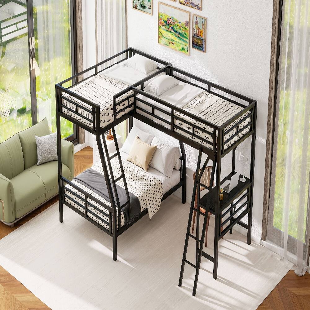 Alt View 1. Loheer - Loheer Twin Over Full Bunk Bed with Desk Black Metal L-Shaped Triple Loft Bed - Black.