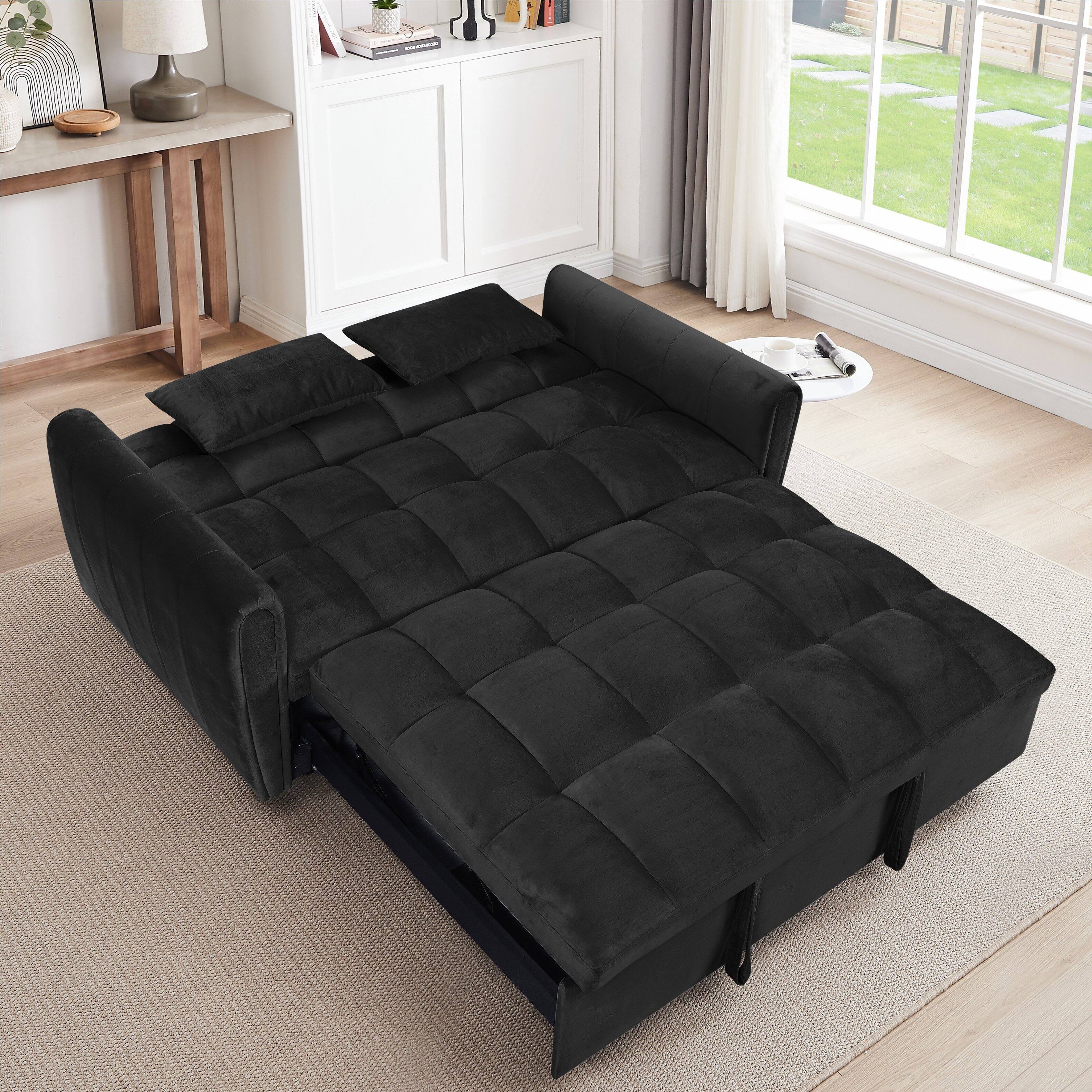Left. Tiramisubest - 65"3-in-1 Foldable Sofa Bed with Adjustable Back,Storage Bag & Pillow,Modern Velvet Sofa for Living Room,Bedroom,Black - Black.