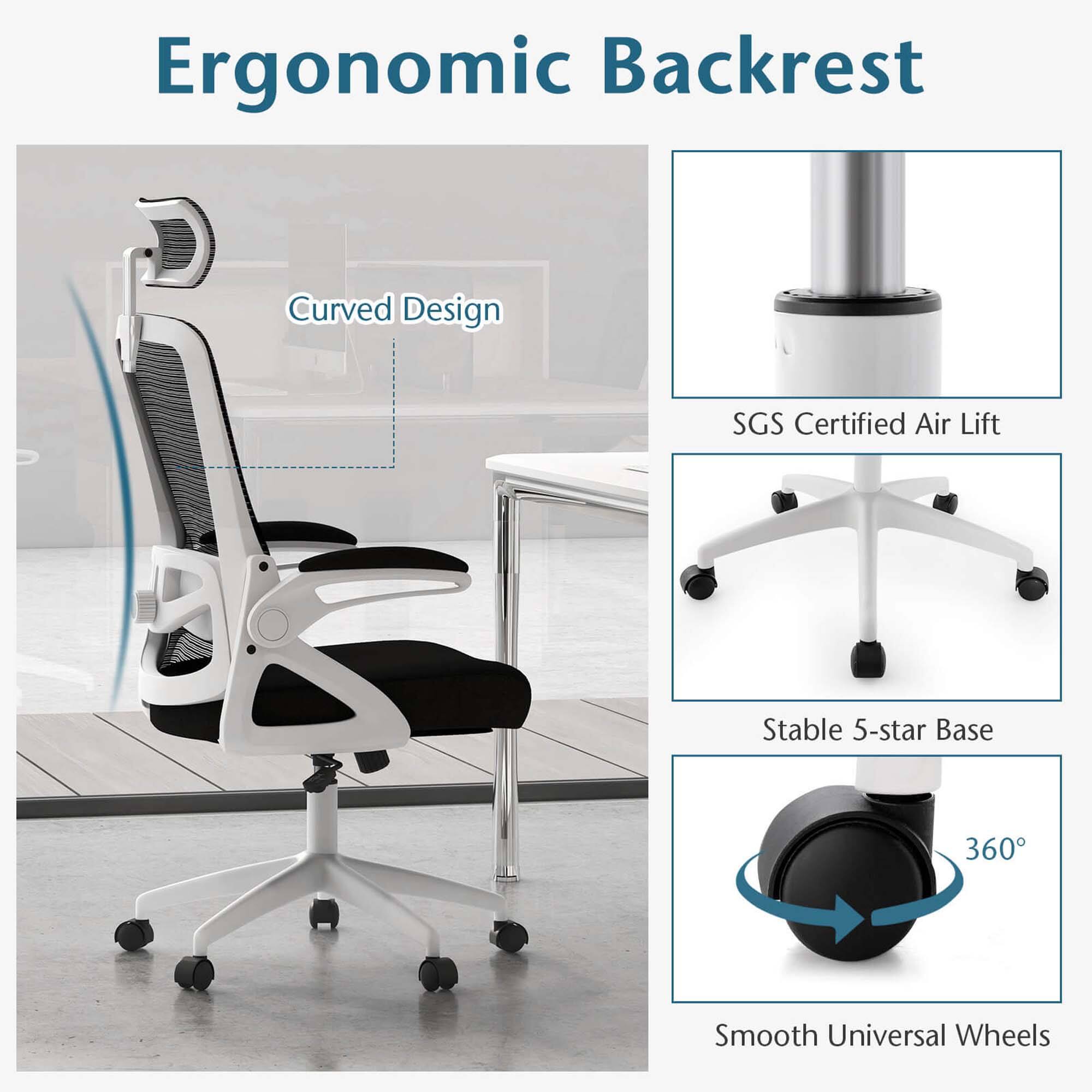 Ergonomic Backrest Curved Design SGS Certified Air Lift Stable 5-star Base 360 Smooth Universal Wheels