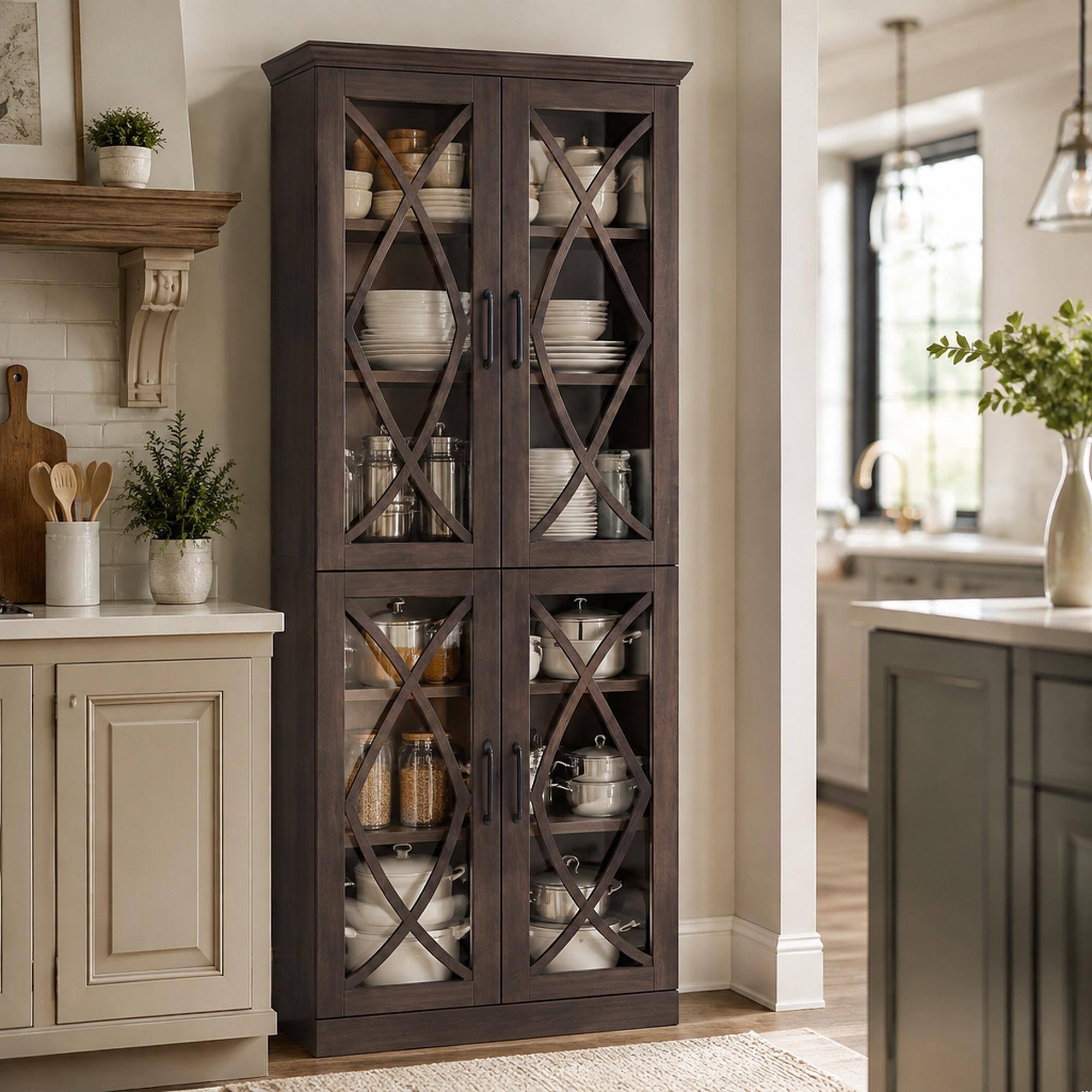Front. RYHNUYNE - Freestanding 68 Inch Tall Shoe Cabinet with Adjustable Shelves, 8-Tier Shoe Storage Organizer, Walnut - Walnut Brown.