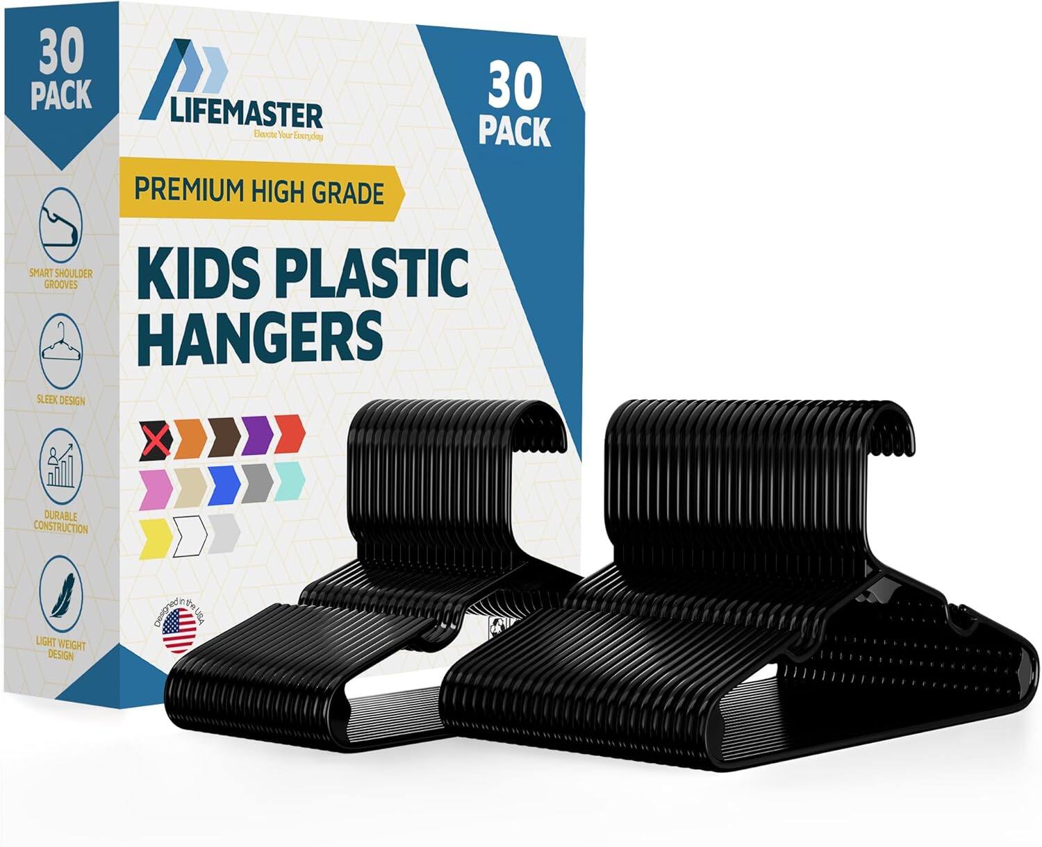 Lifemaster - Kids Clothes Hangers – 30-Pack, 11.6" Plastic Hangers with Shoulder Notch, Space-Saving, Holds 5 lbs - Black