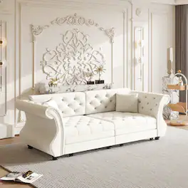 Anysun - 83.8" Oversized Velvet Chesterfield Pull-Out Sofa Bed - Classic Roll Arm, Flower Tufting for Living Room - White