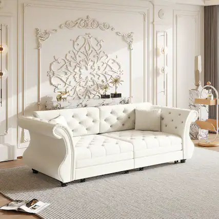 Front. Anysun - 83.8" Oversized Velvet Chesterfield Pull-Out Sofa Bed - Classic Roll Arm, Flower Tufting for Living Room - White.
