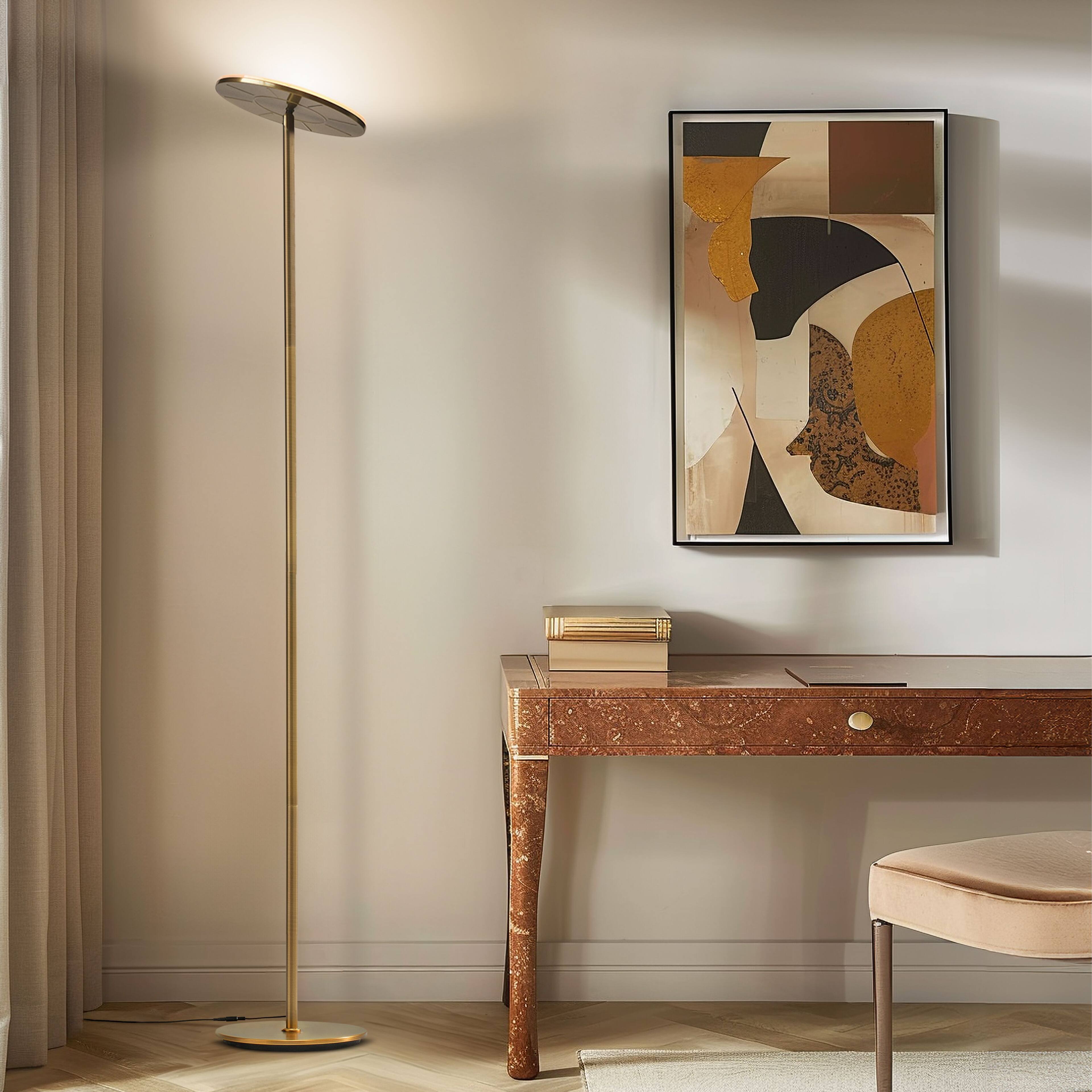 Angle. Brightech - Sky Flux LED Modern Industrial Torchère Dimmable Super Bright Floor Lamp with Built-in Adjustable Head Tilt - Antiqued Brass.