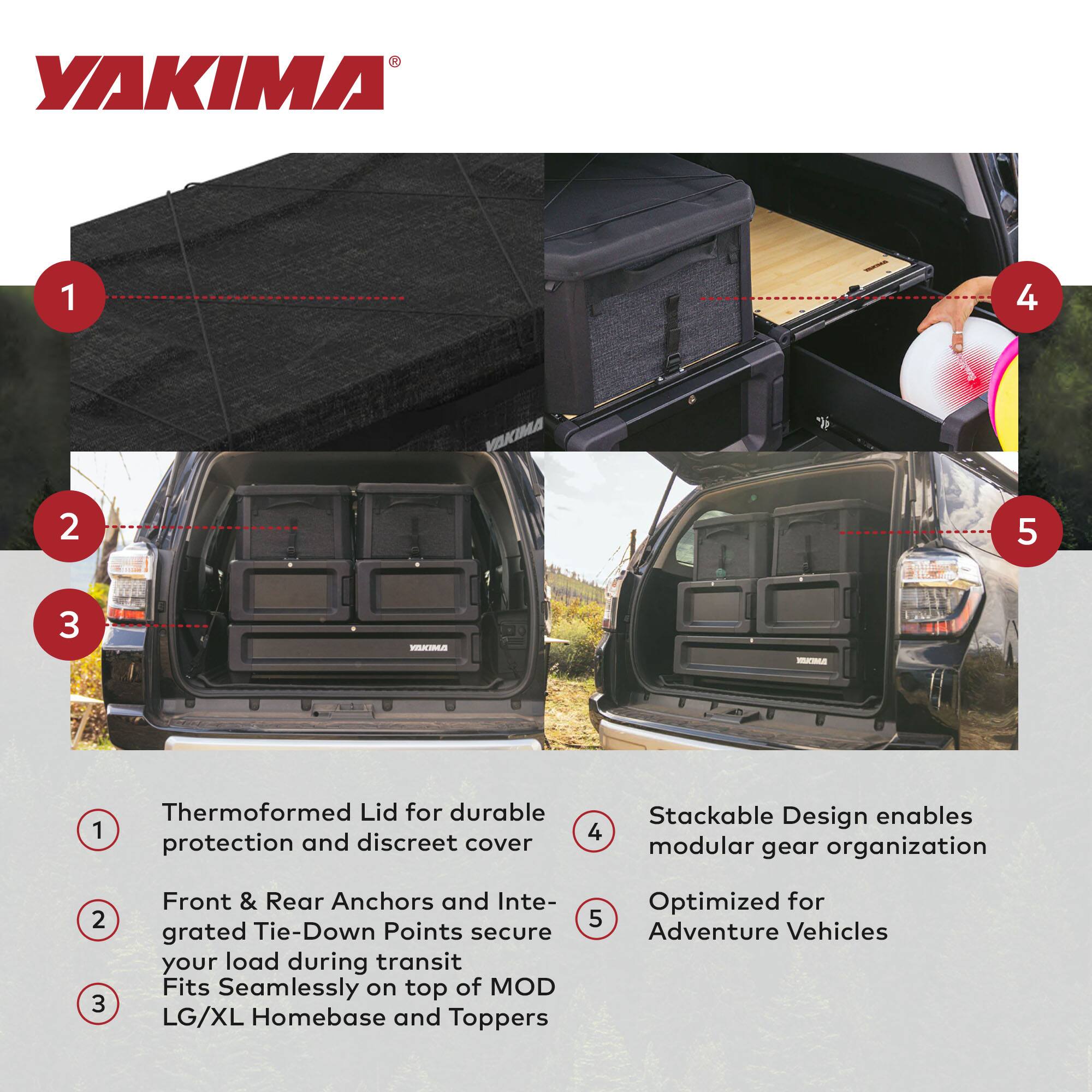 1. Thermoformed Lid for durable protection and discreet cover  
2. Front & Rear Anchors and Integrated Tie-Down Points secure your load during transit  
3. Fits Seamlessly on top of MOD LG/XL Homebase and Toppers  
4. Stackable Design enables modular gear organization  
5. Optimized for Adventure Vehicles