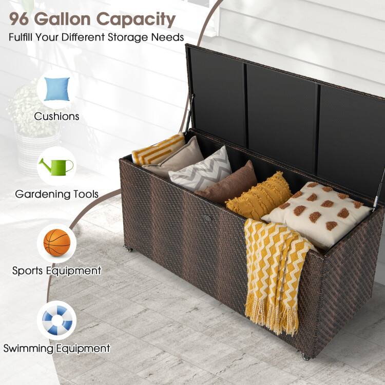96 Gallon Capacity  
Fulfill Your Different Storage Needs  
- Cushions  
- Gardening Tools  
- Sports Equipment  
- Swimming Equipment