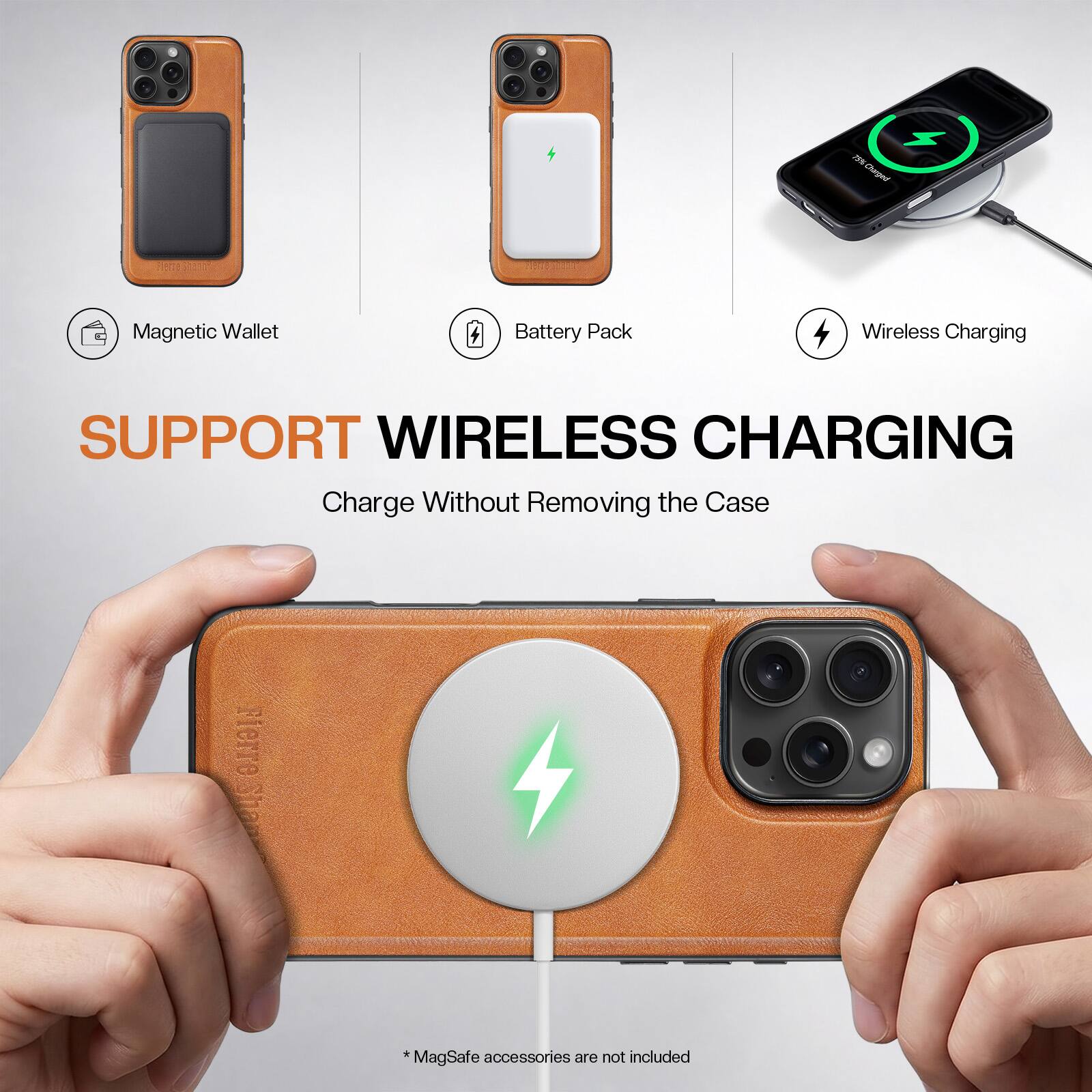 NSI Charged  
Magnetic Wallet  
Battery Pack  
Wireless Charging  
SUPPORT WIRELESS CHARGING  
Charge Without Removing the Case  
*MagSafe accessories are not included
