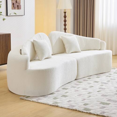 Angle. Anysun - Curved 4-Seat Compressed Chenille Sofa - Long-Lasting Support, Removable Backrest, Retro Style for Small Spaces - White.